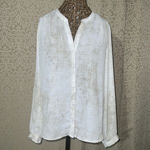 Button up Dressy Blouse, Cream & Beige print, Size L/XL